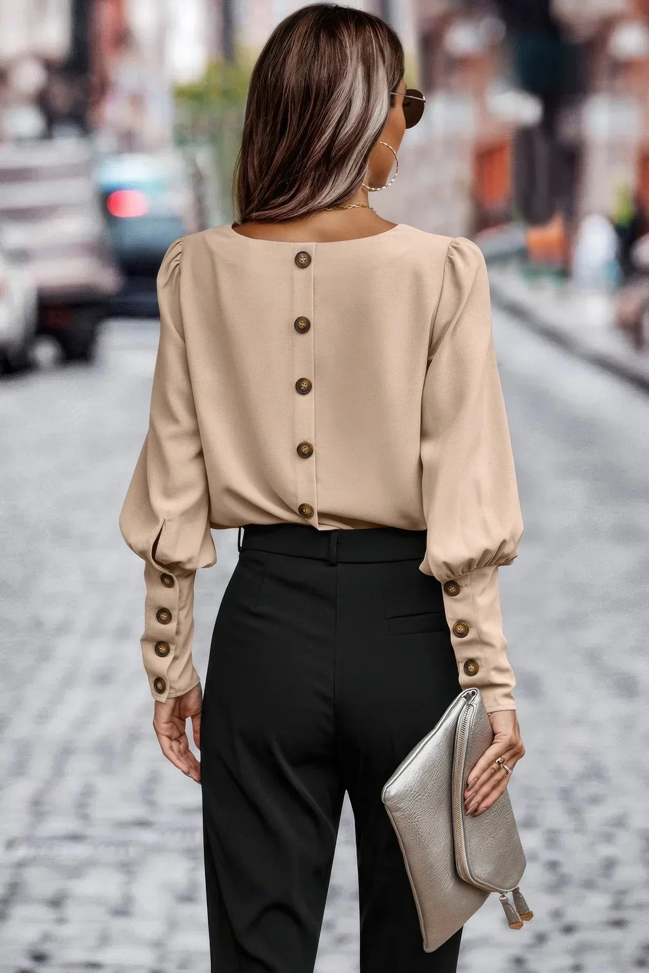 Crew Neck Solid Leg Of Mutton Sleeve Shirt | Mixtshop LLC