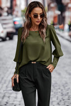 Crew Neck Solid Leg Of Mutton Sleeve Shirt | Mixtshop LLC