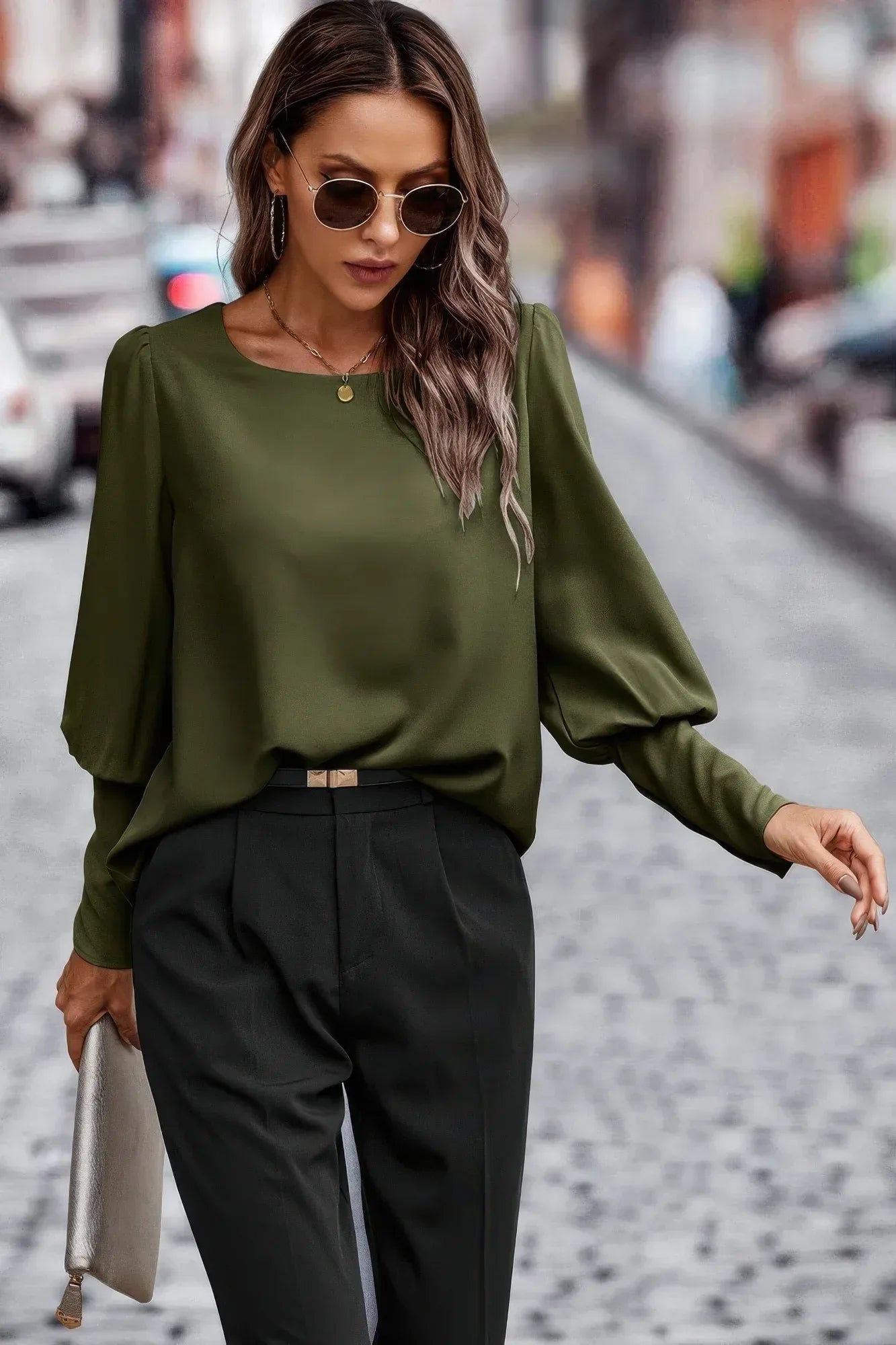 Crew Neck Solid Leg Of Mutton Sleeve Shirt | Mixtshop LLC