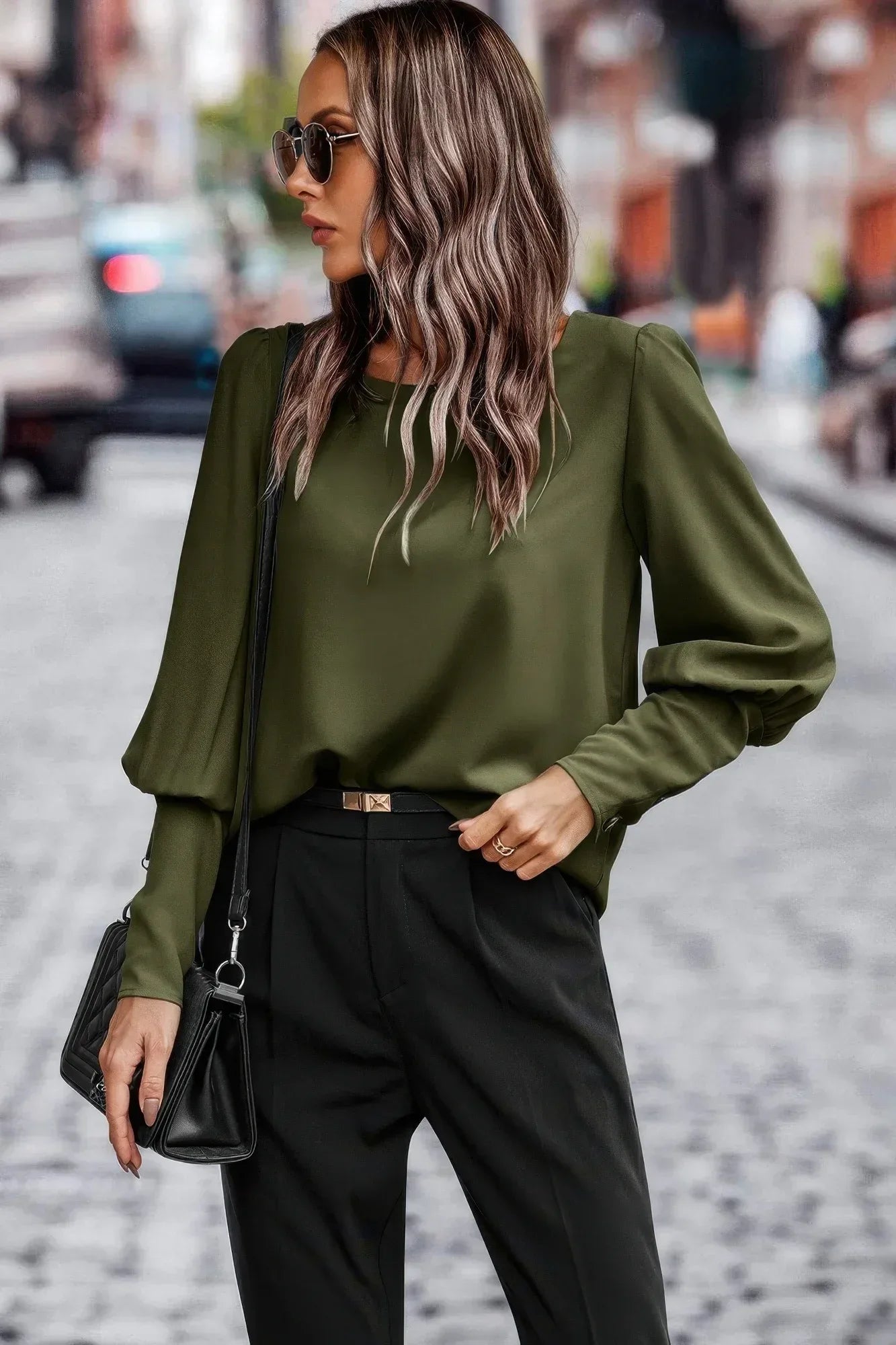 Crew Neck Solid Leg Of Mutton Sleeve Shirt | Mixtshop LLC