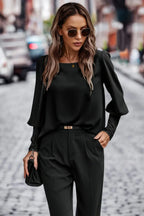 Crew Neck Solid Leg Of Mutton Sleeve Shirt | Mixtshop LLC