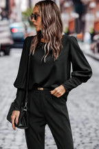 Crew Neck Solid Leg Of Mutton Sleeve Shirt | Mixtshop LLC
