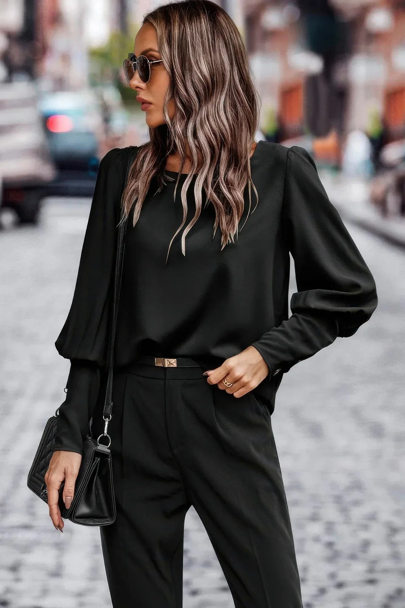 Crew Neck Solid Leg Of Mutton Sleeve Shirt | Mixtshop LLC