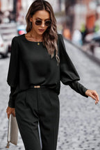 Crew Neck Solid Leg Of Mutton Sleeve Shirt | Mixtshop LLC
