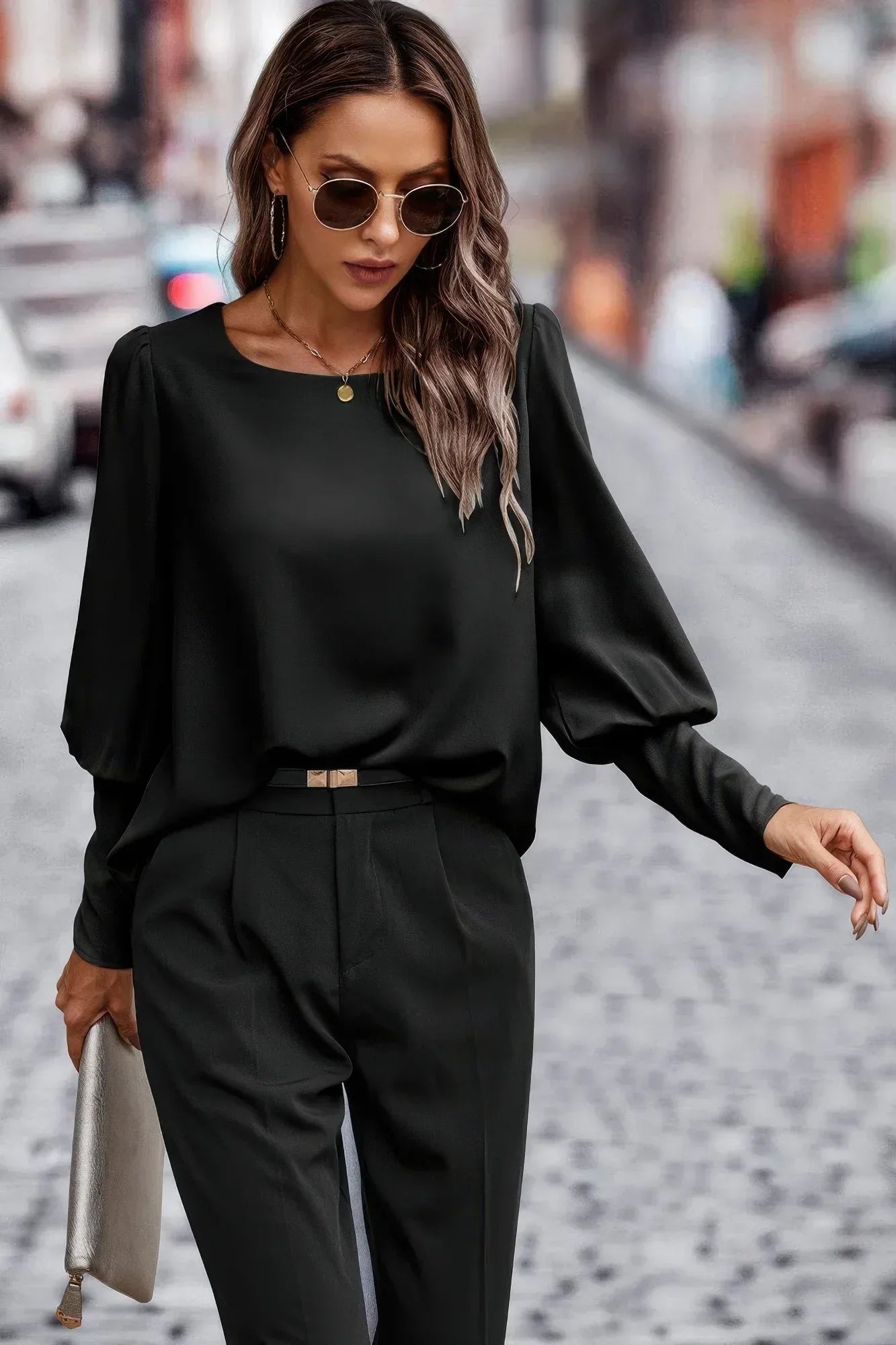 Crew Neck Solid Leg Of Mutton Sleeve Shirt | Mixtshop LLC