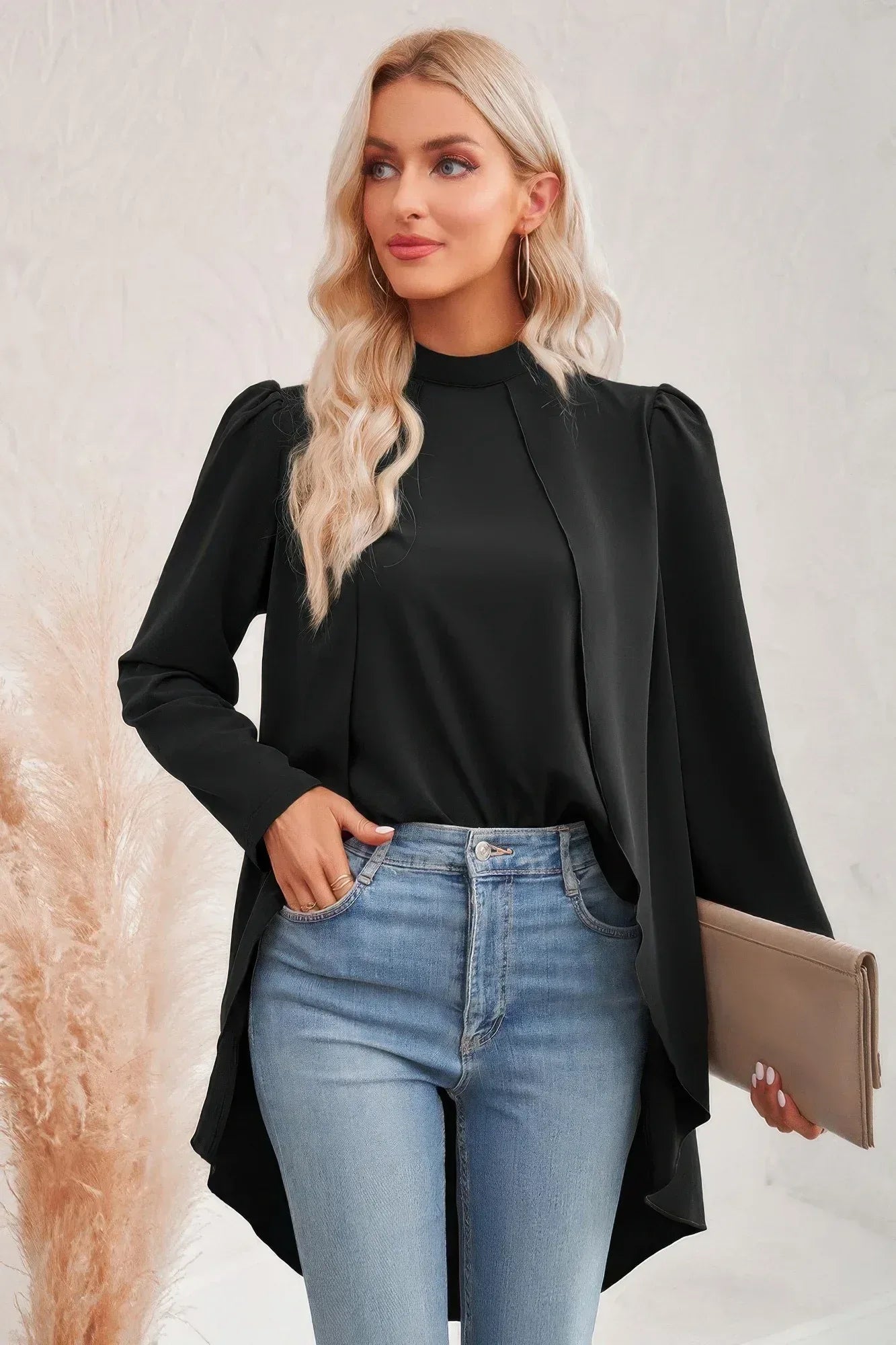 Solid High Low Long Sleeve Blouse | Mixtshop LLC Main image