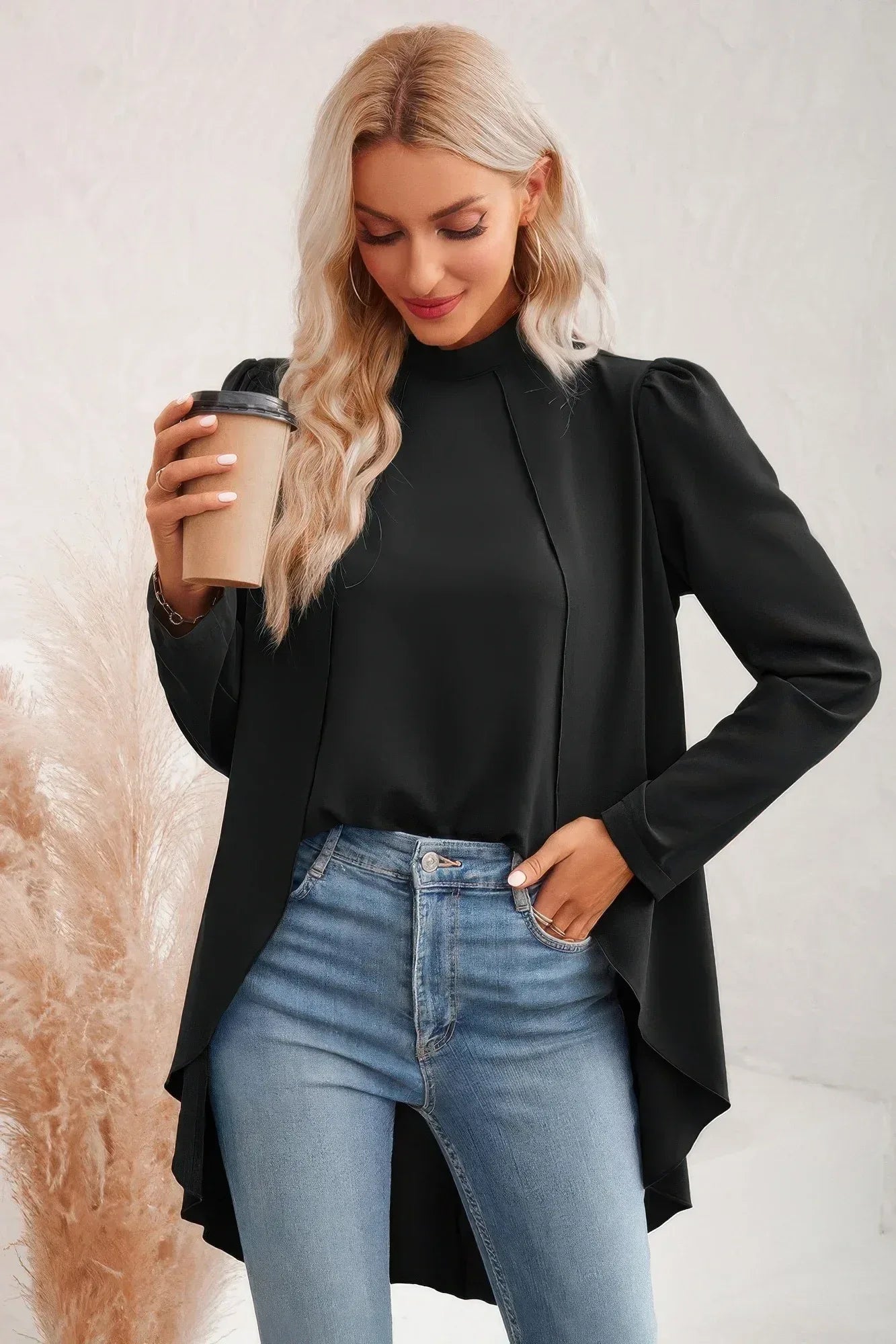 Solid High Low Long Sleeve Blouse Secondary image