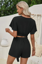 Two Pieces V Neck Ruffle Crop Shirt And Wrap Sets | Mixtshop LLC