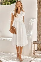 V Neck Short Sleeve Solid Ruffle A Line Midi Dress | Mixtshop LLC