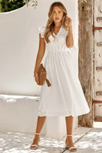 V Neck Short Sleeve Solid Ruffle A Line Midi Dress | Mixtshop LLC
