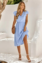 V Neck Short Sleeve Solid Ruffle A Line Midi Dress | Mixtshop LLC