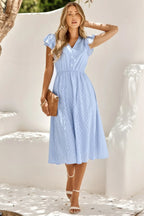 V Neck Short Sleeve Solid Ruffle A Line Midi Dress | Mixtshop LLC