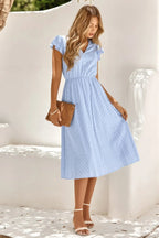 V Neck Short Sleeve Solid Ruffle A Line Midi Dress | Mixtshop LLC