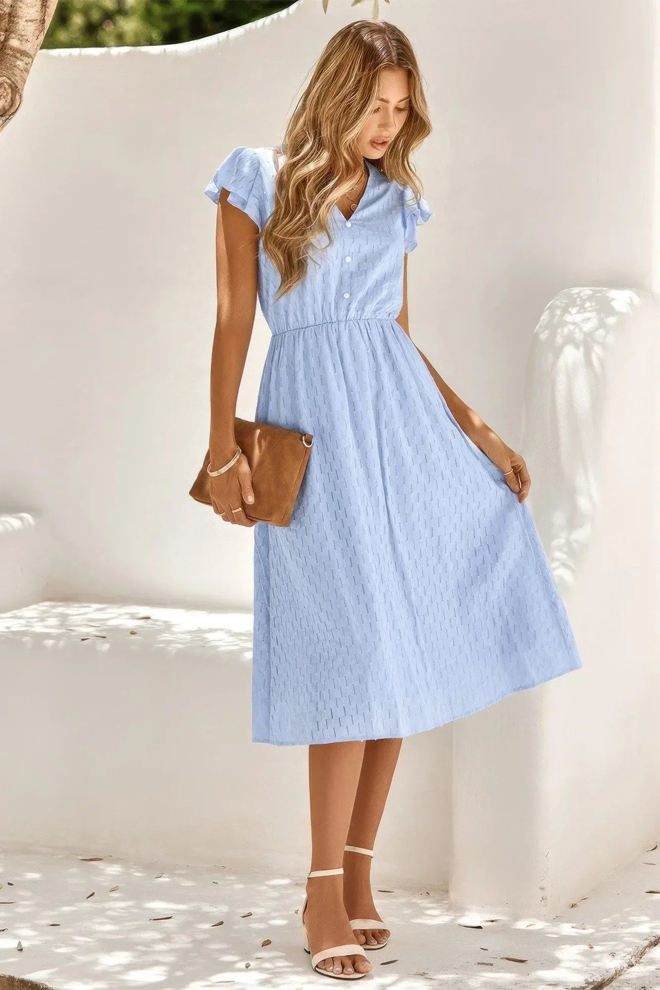 V Neck Short Sleeve Solid Ruffle A Line Midi Dress | Mixtshop LLC