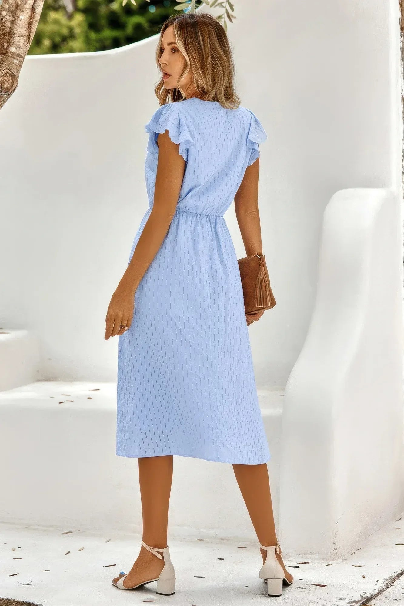 V Neck Short Sleeve Solid Ruffle A Line Midi Dress | Mixtshop LLC