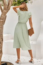 V Neck Short Sleeve Solid Ruffle A Line Midi Dress | Mixtshop LLC