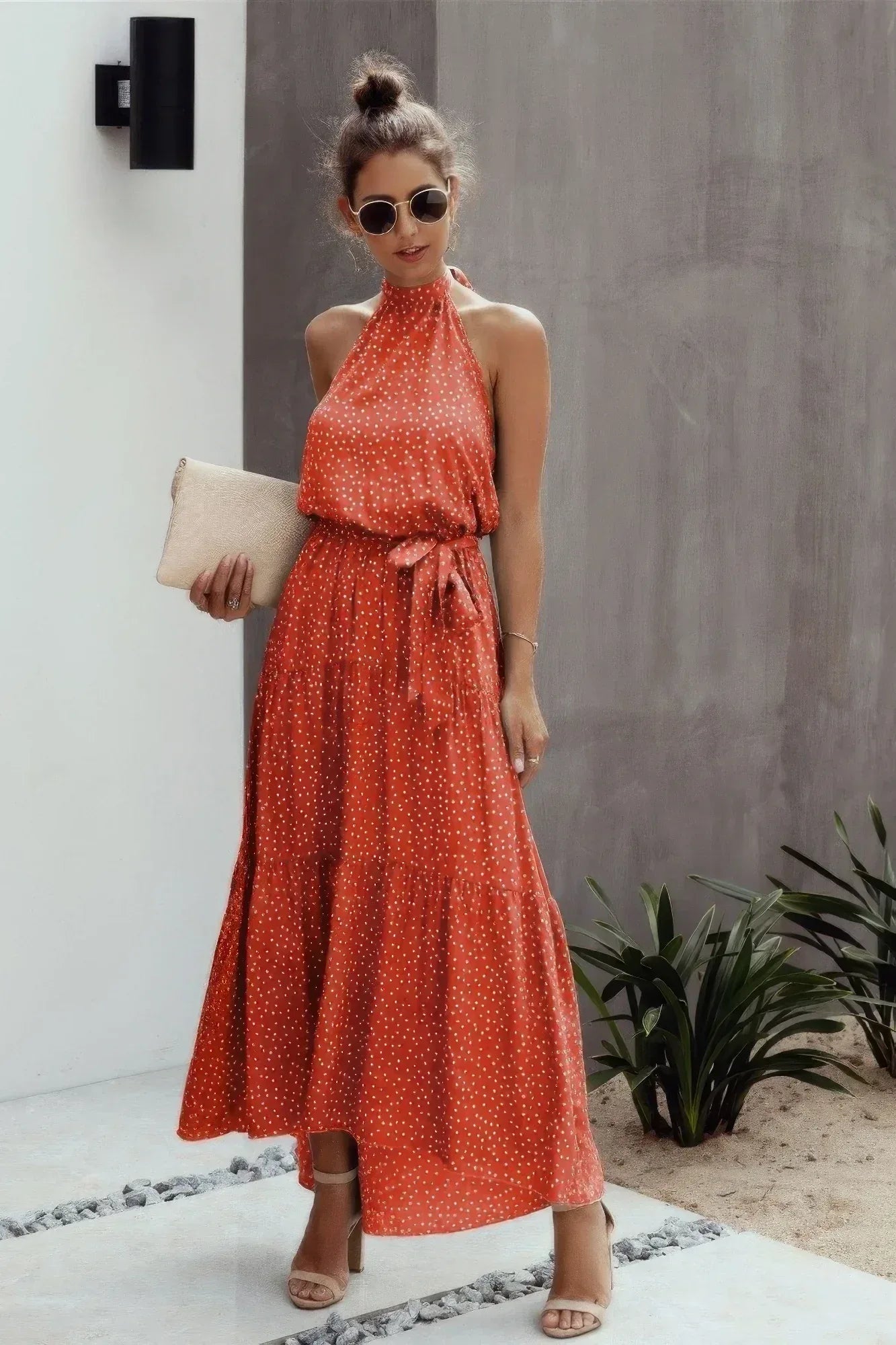 Tie Back Polka Dot Ruffle Hem Halter Dress | Mixtshop LLC