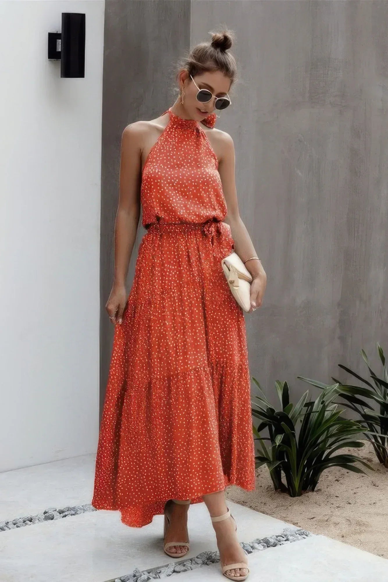 Tie Back Polka Dot Ruffle Hem Halter Dress | Mixtshop LLC