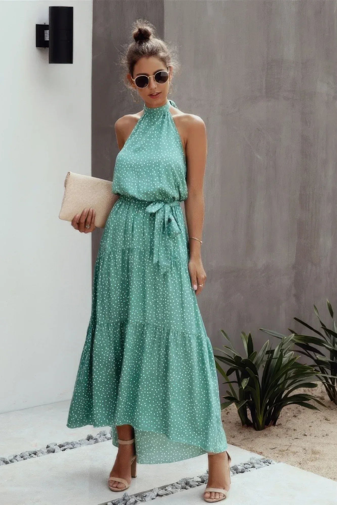 Tie Back Polka Dot Ruffle Hem Halter Dress | Mixtshop LLC