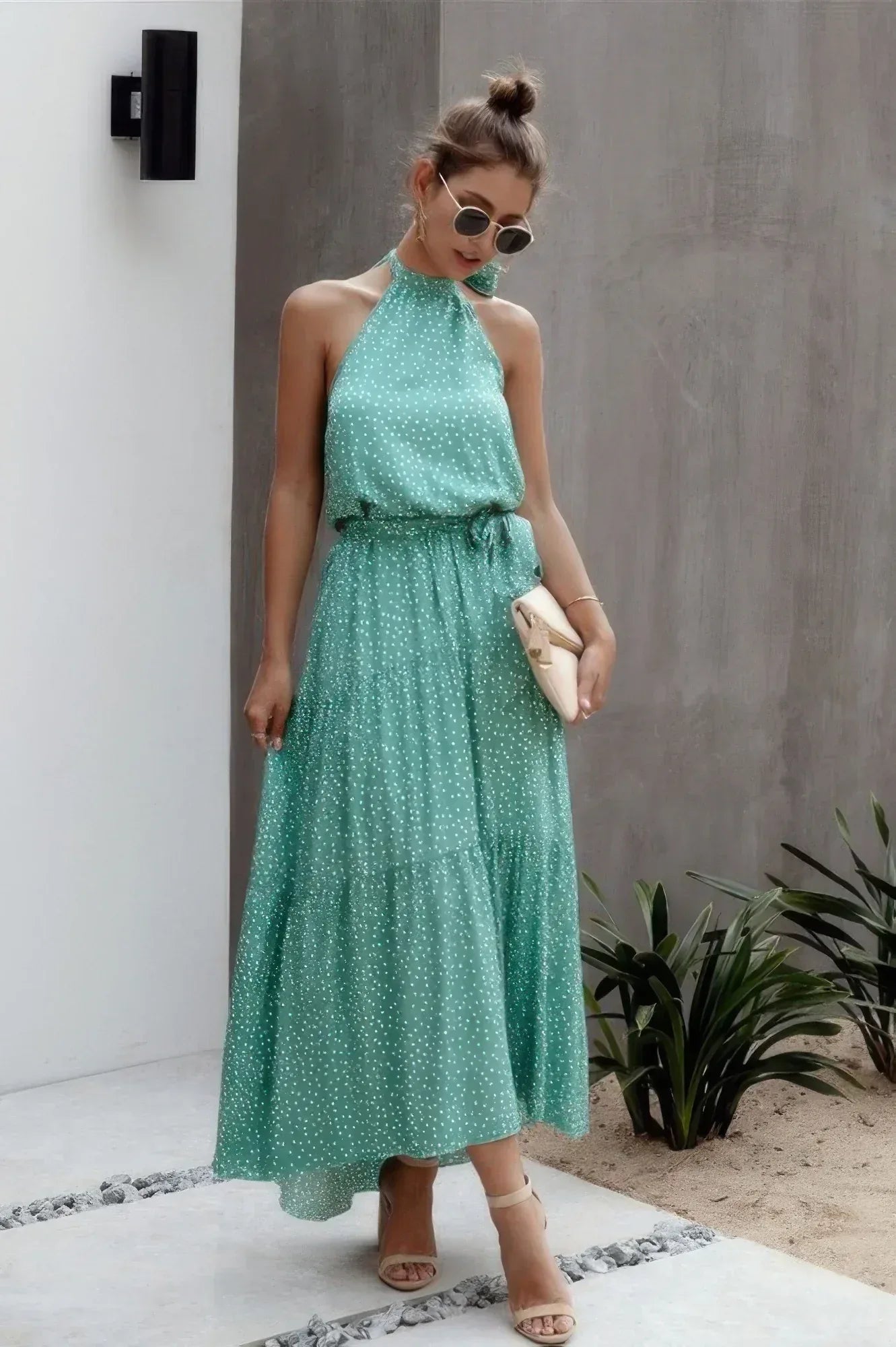Tie Back Polka Dot Ruffle Hem Halter Dress | Mixtshop LLC
