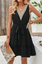 V Neck Sleeveless Belted A-line Tiered Dress | Mixtshop LLC