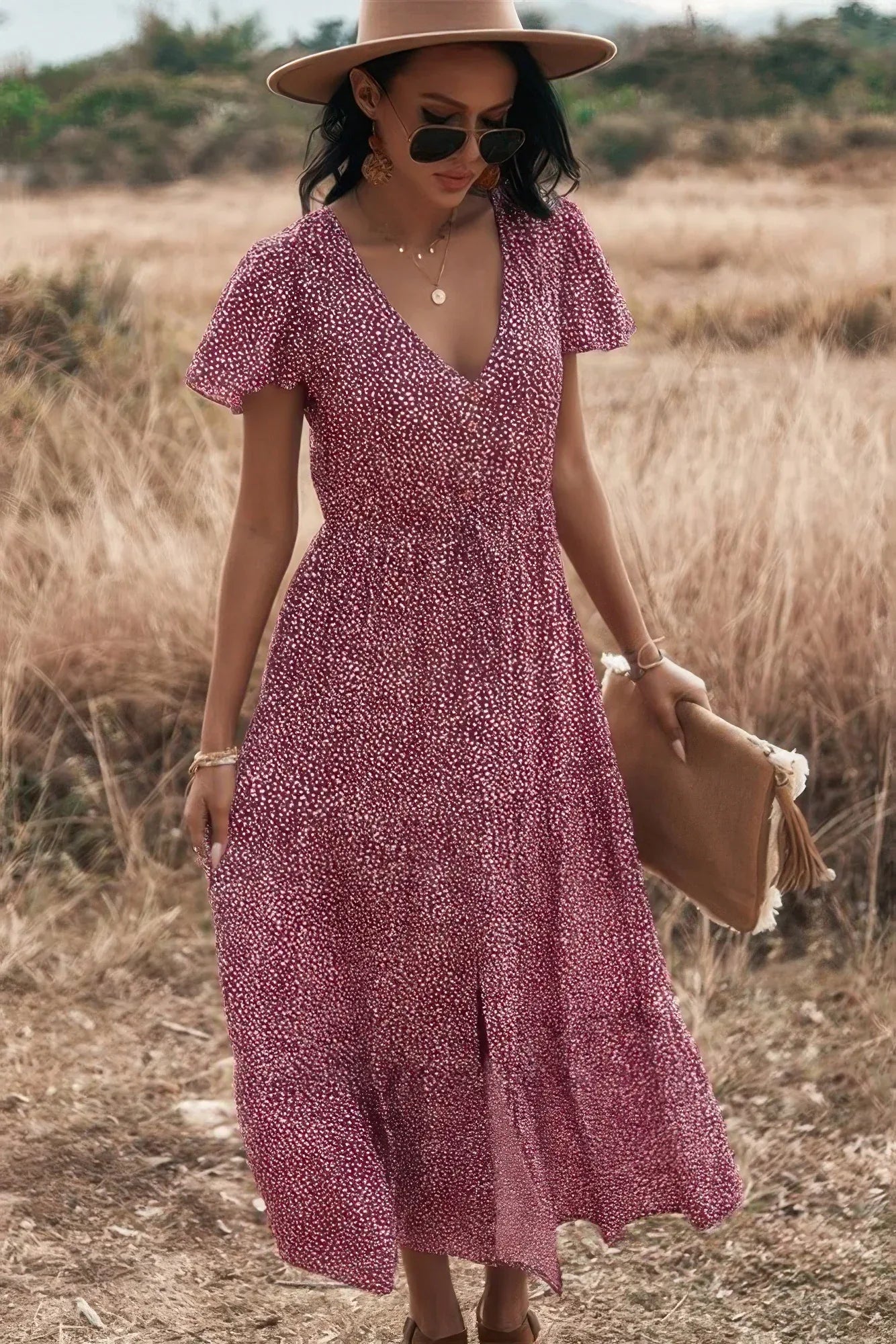 V Neck Polka Dot Short Sleeve Dress | Mixtshop LLC Main image