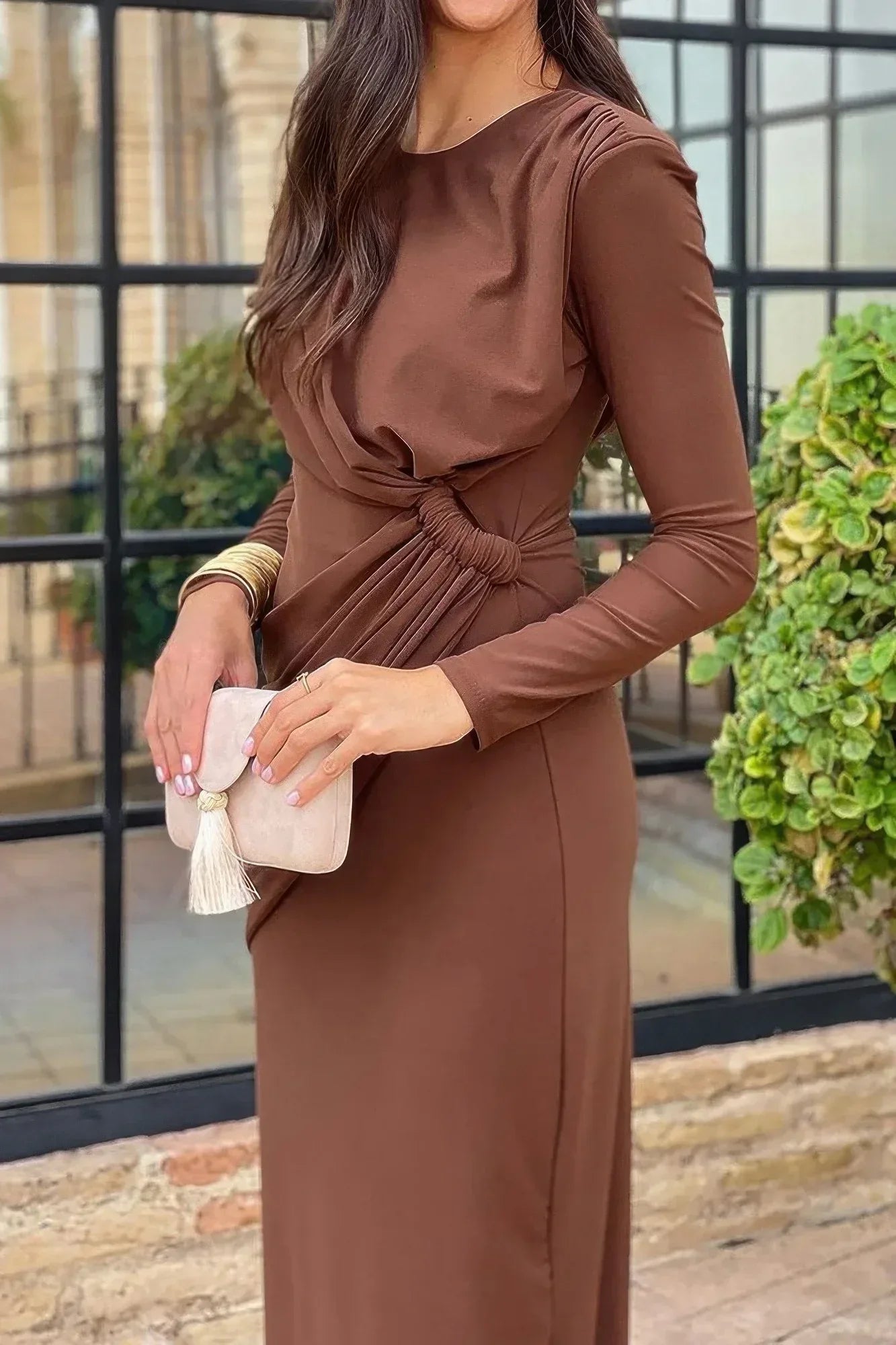 Elegant Round Neck Solid Ruched Wrap Hem Dress | Mixtshop LLC