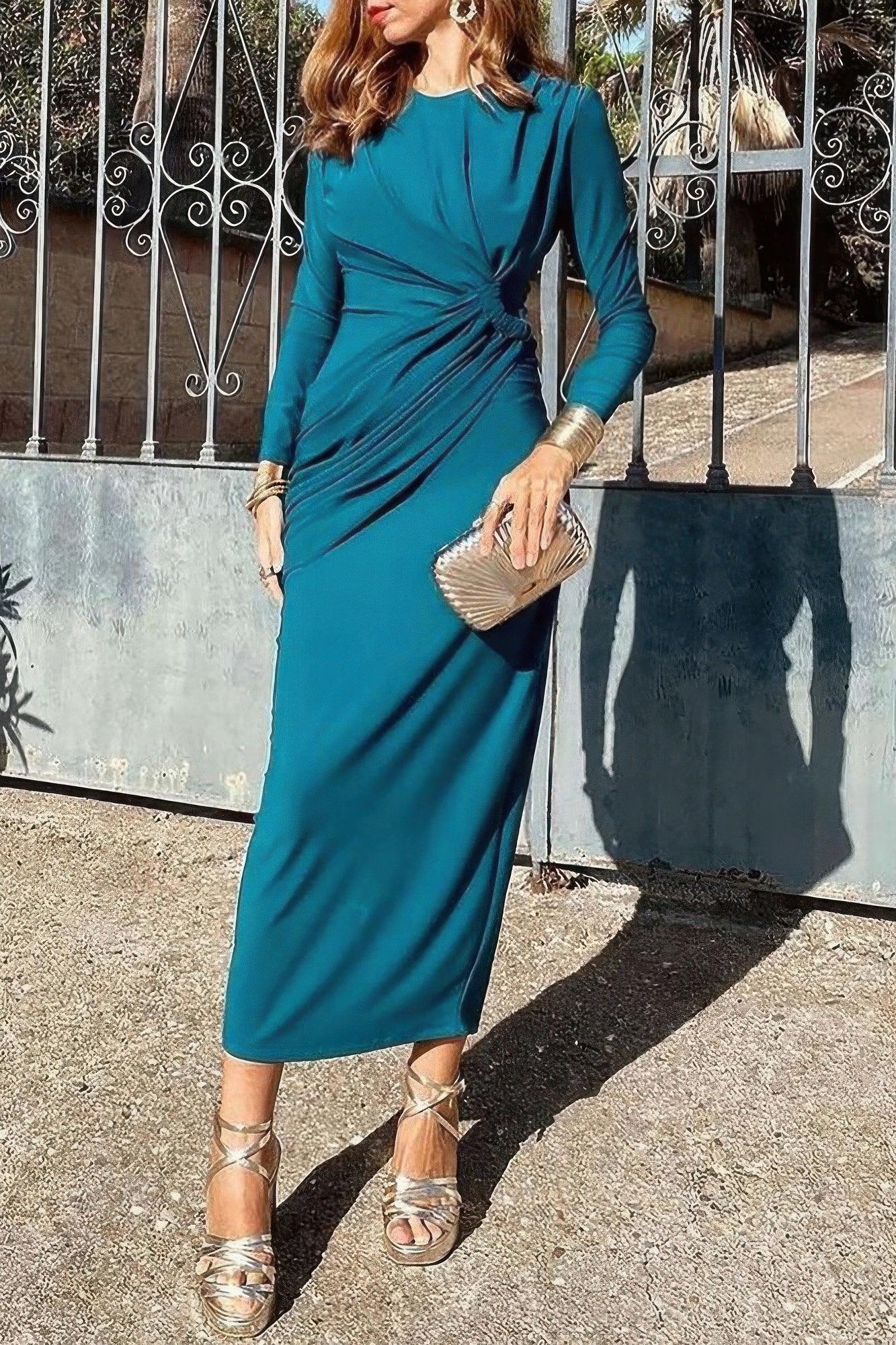 Elegant Round Neck Solid Ruched Wrap Hem Dress | Mixtshop LLC