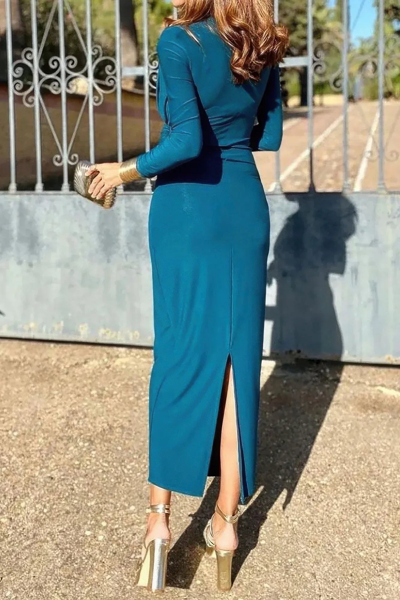 Elegant Round Neck Solid Ruched Wrap Hem Dress | Mixtshop LLC