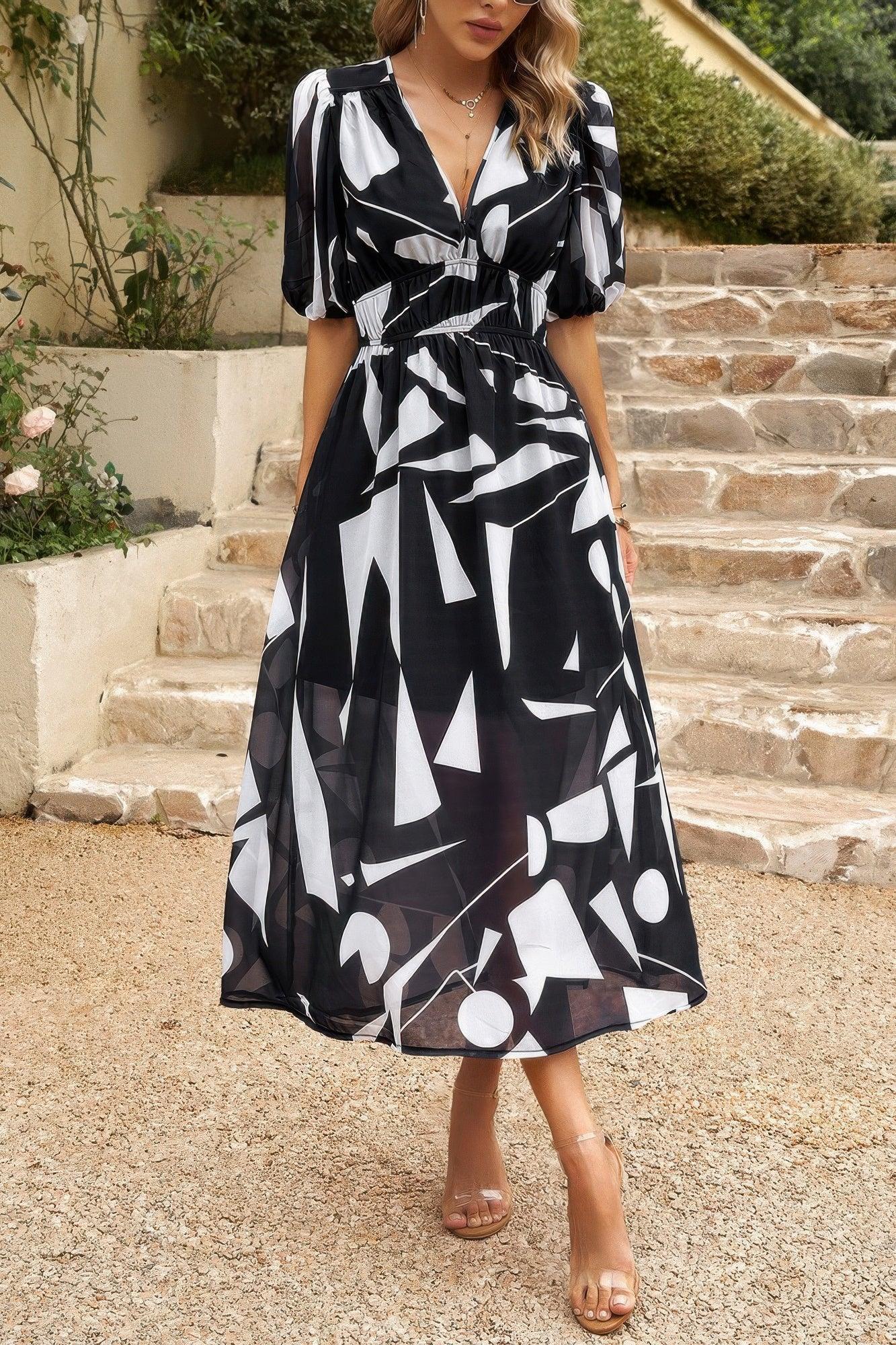 Bohemian V Neck Elastic Waisted Band Midi Dress | Mixtshop LLC Main image