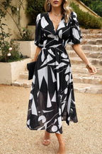 Bohemian V Neck Elastic Waisted Band Midi Dress | Mixtshop LLC