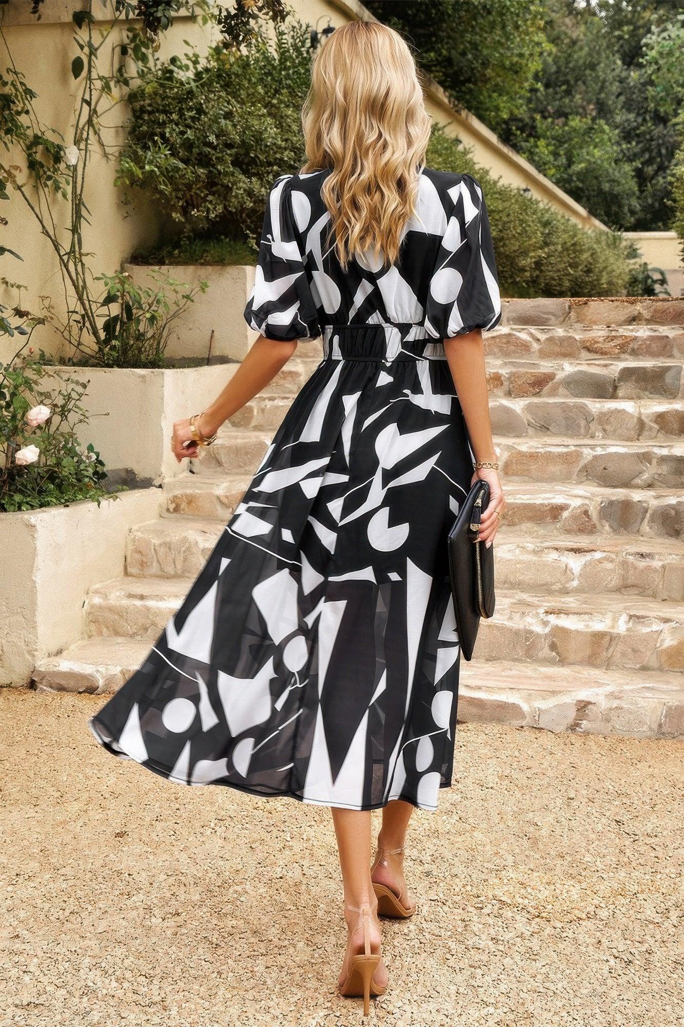 Bohemian V Neck Elastic Waisted Band Midi Dress | Mixtshop LLC