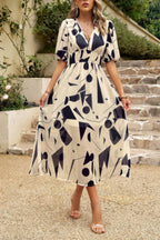 Bohemian V Neck Elastic Waisted Band Midi Dress | Mixtshop LLC
