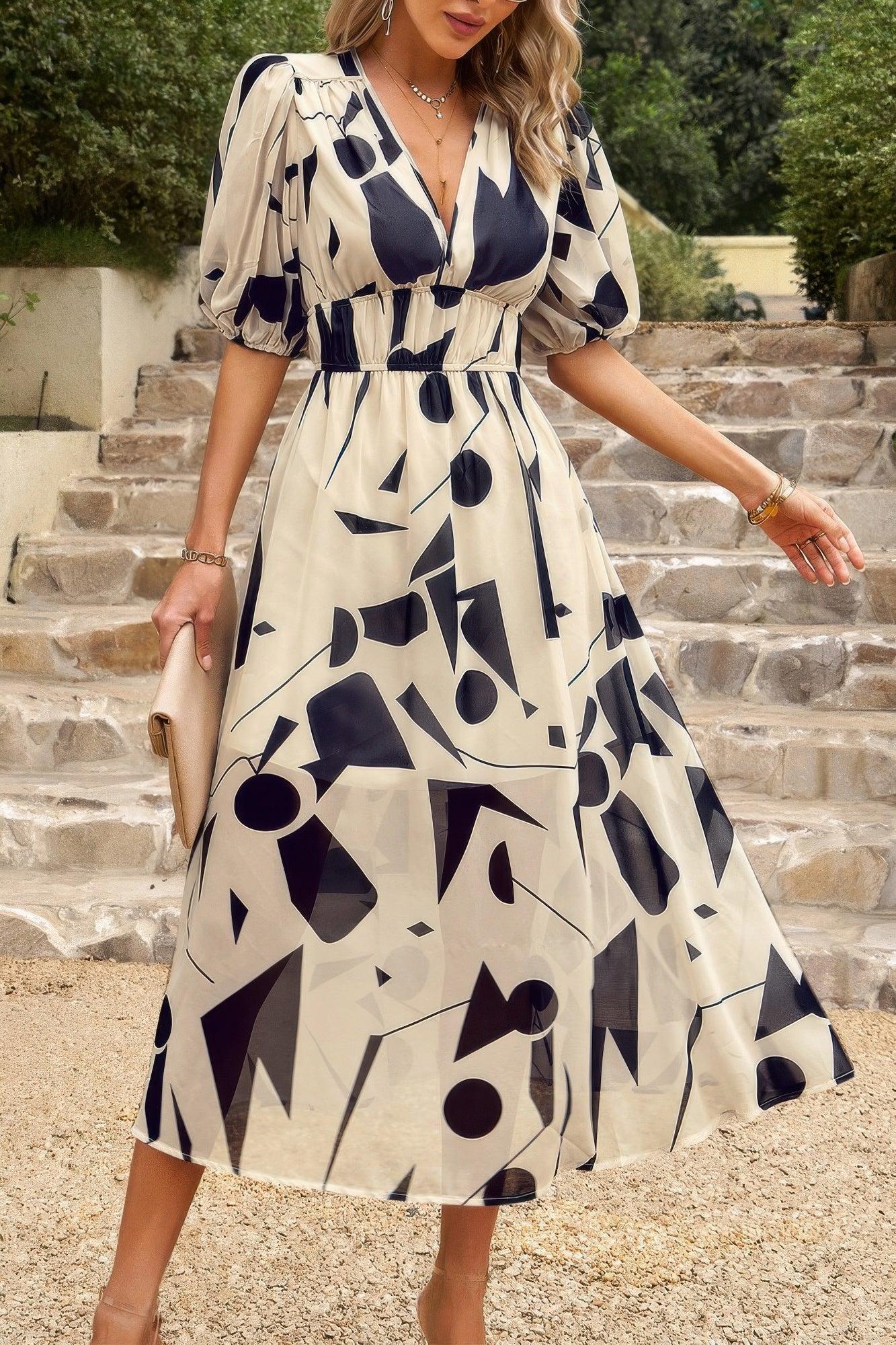 Bohemian V Neck Elastic Waisted Band Midi Dress | Mixtshop LLC