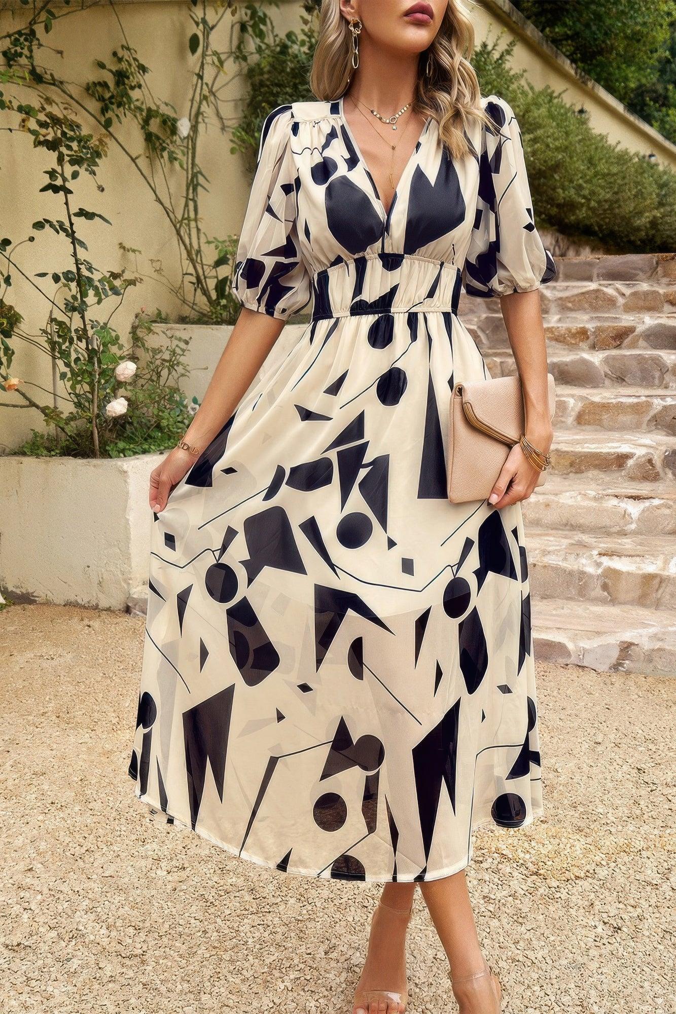 Bohemian V Neck Elastic Waisted Band Midi Dress | Mixtshop LLC