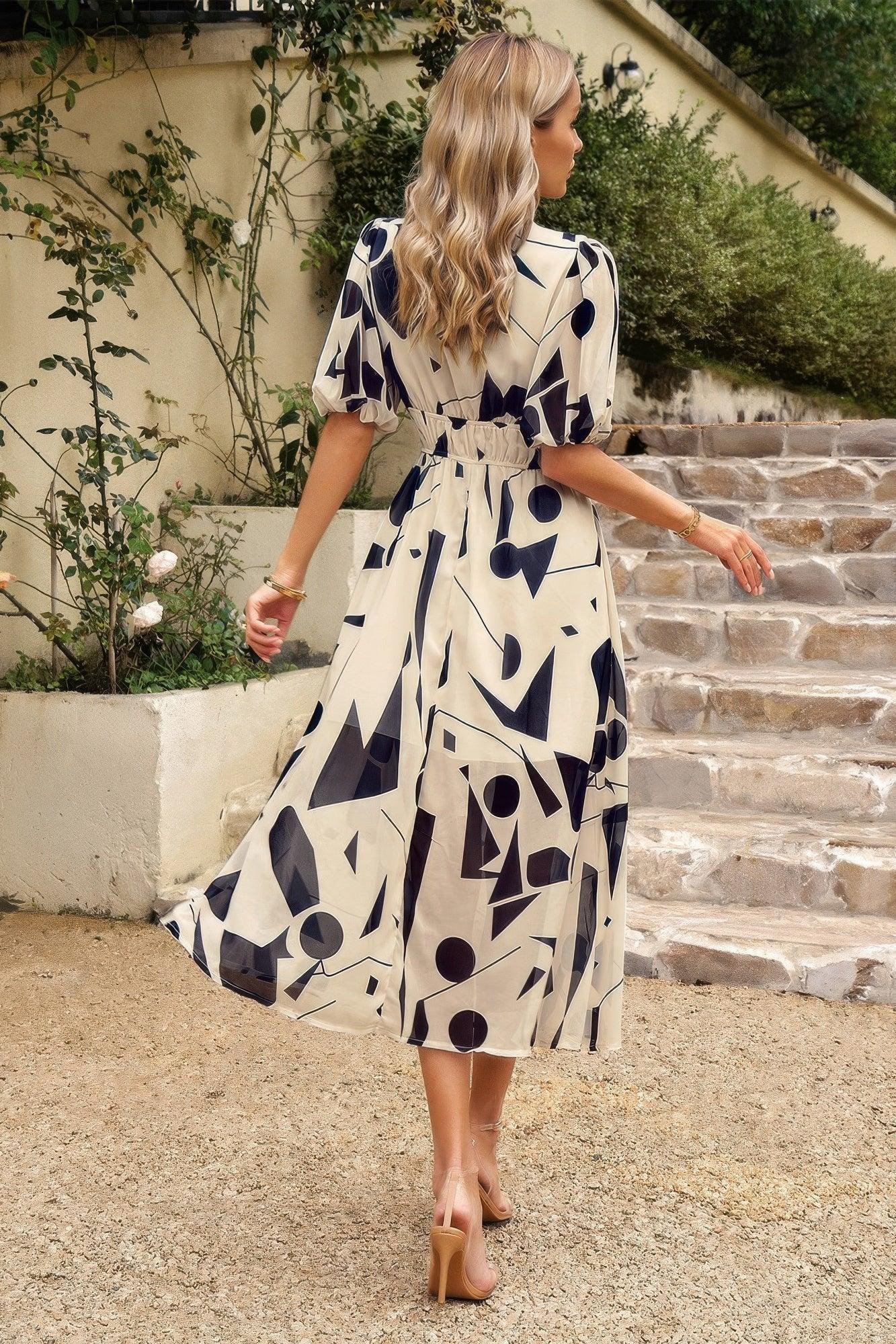 Bohemian V Neck Elastic Waisted Band Midi Dress | Mixtshop LLC