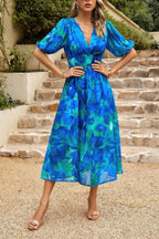 Bohemian V Neck Elastic Waisted Band Midi Dress | Mixtshop LLC
