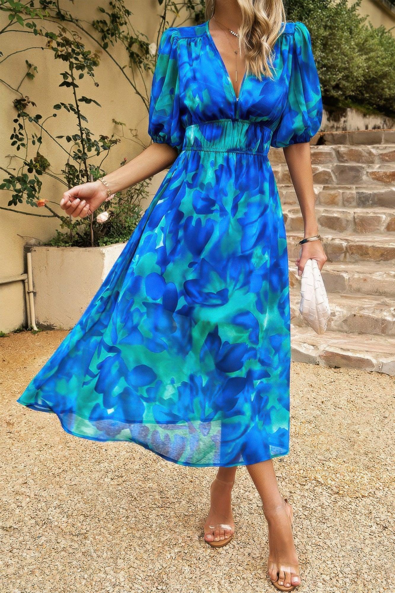 Bohemian V Neck Elastic Waisted Band Midi Dress | Mixtshop LLC