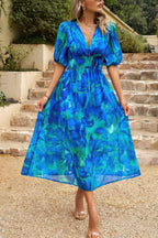 Bohemian V Neck Elastic Waisted Band Midi Dress | Mixtshop LLC