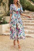 Bohemian V Neck Elastic Waisted Band Midi Dress | Mixtshop LLC