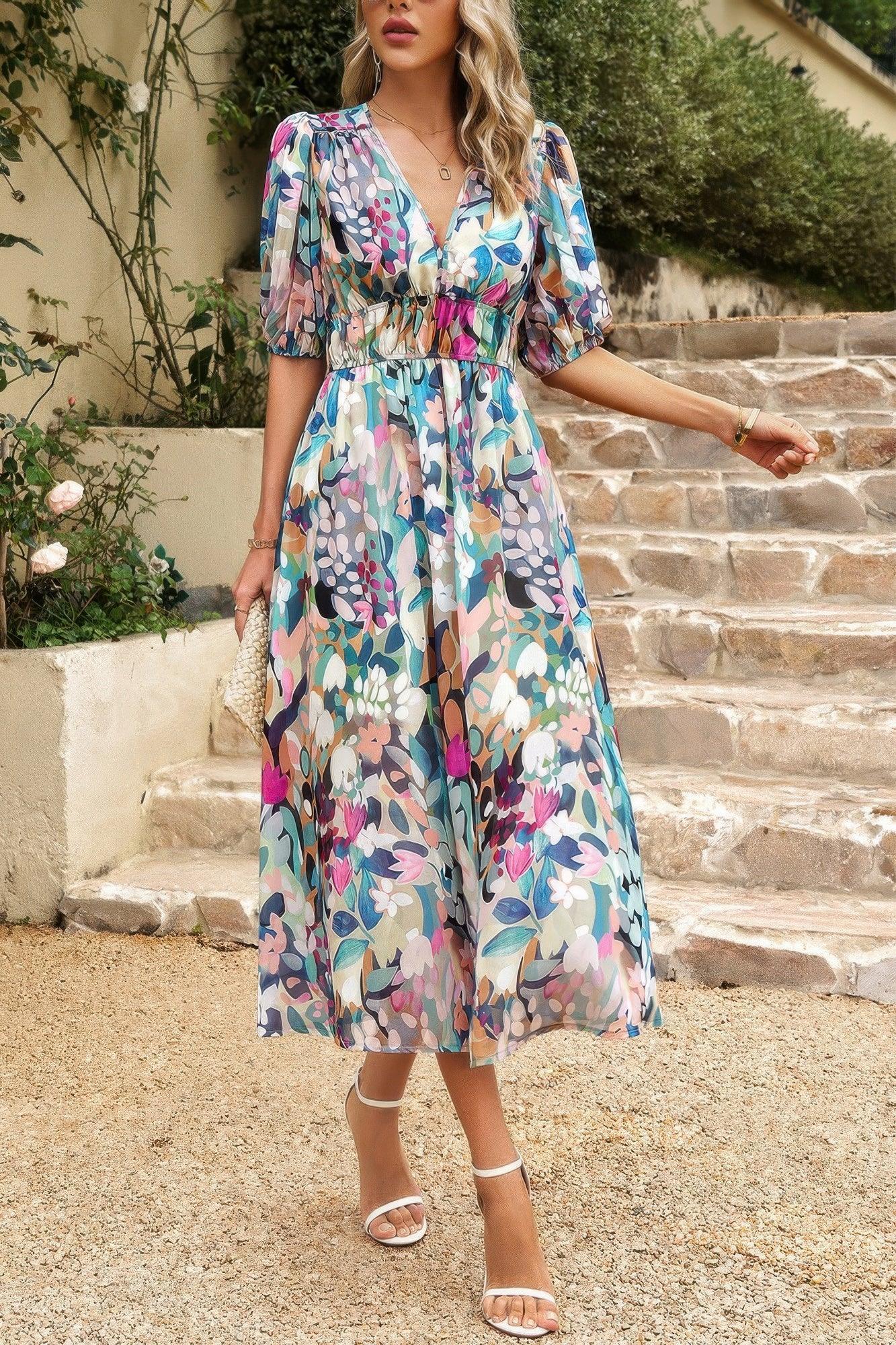 Bohemian V Neck Elastic Waisted Band Midi Dress | Mixtshop LLC