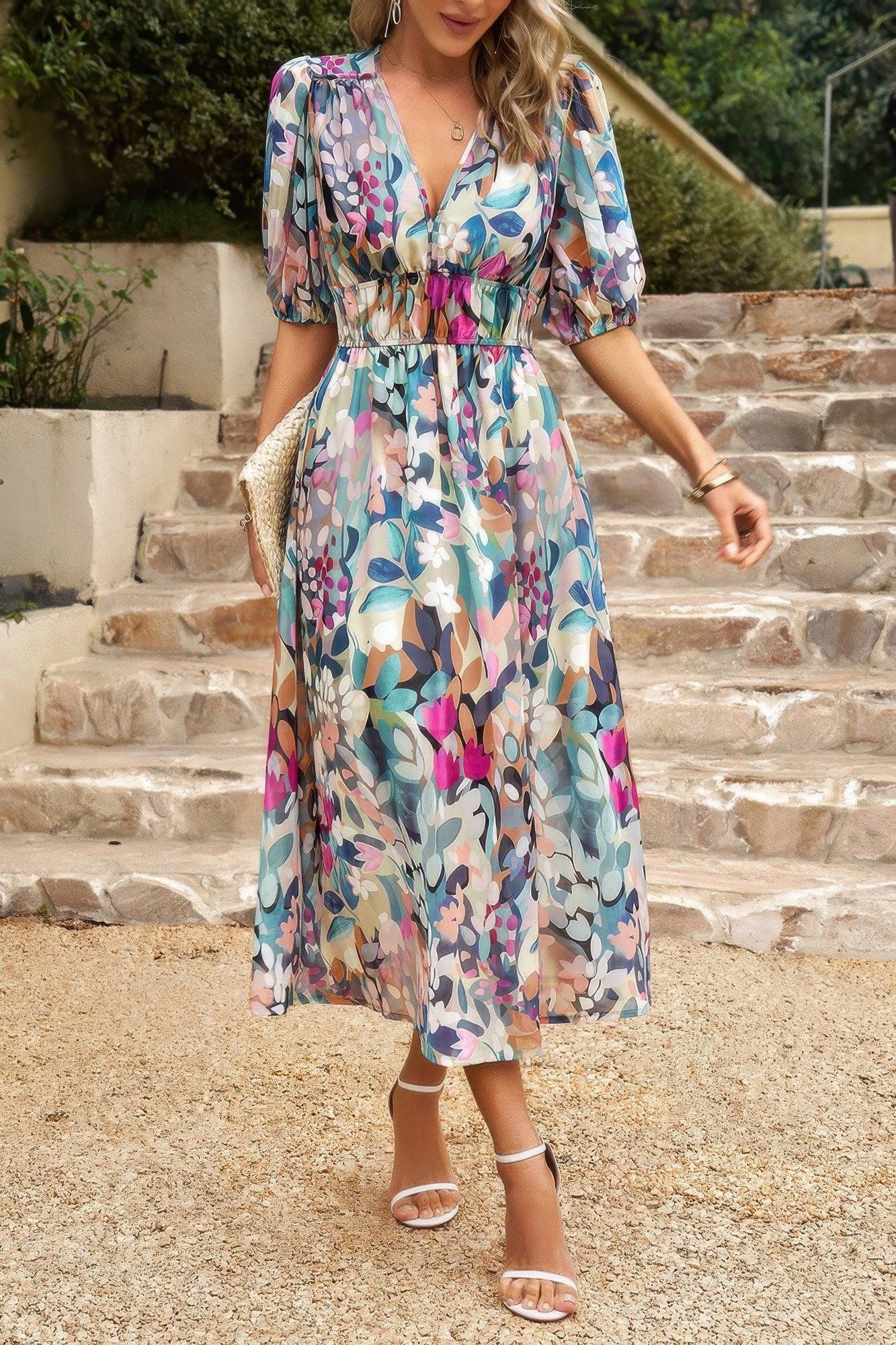 Bohemian V Neck Elastic Waisted Band Midi Dress | Mixtshop LLC