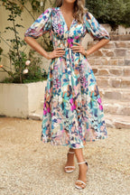 Bohemian V Neck Elastic Waisted Band Midi Dress | Mixtshop LLC