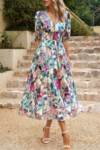 Bohemian V Neck Elastic Waisted Band Midi Dress | Mixtshop LLC