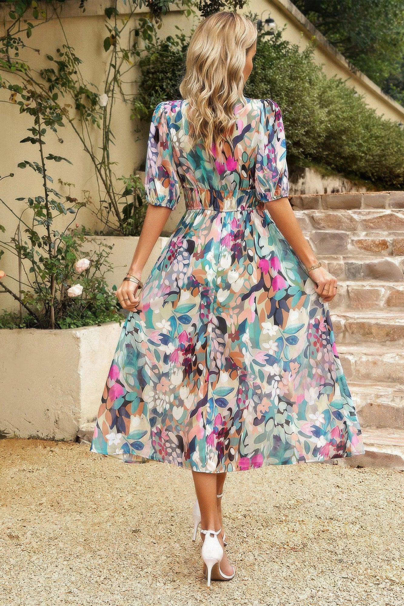 Bohemian V Neck Elastic Waisted Band Midi Dress | Mixtshop LLC