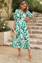 Bohemian V Neck Elastic Waisted Band Midi Dress | Mixtshop LLC