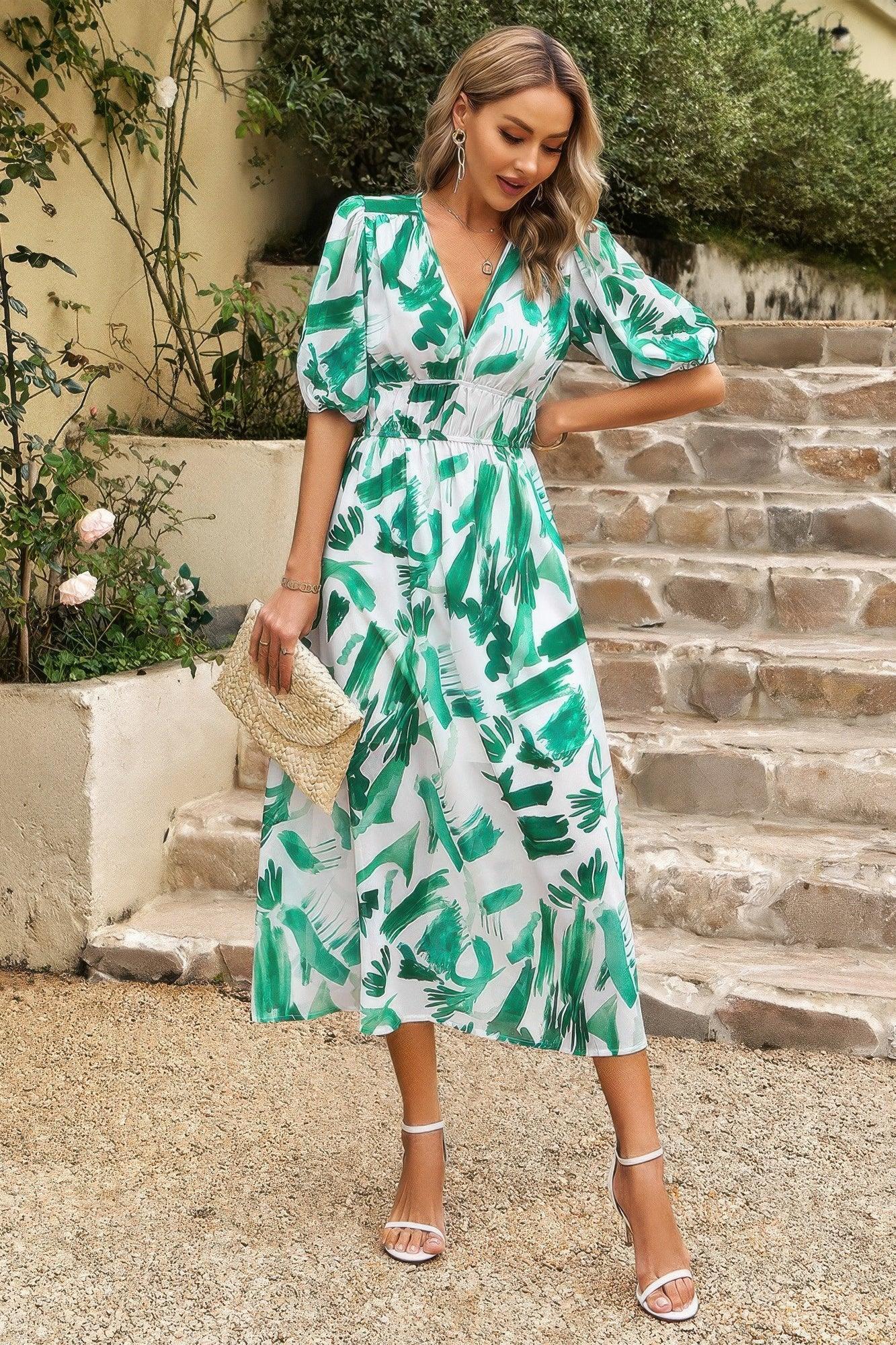 Bohemian V Neck Elastic Waisted Band Midi Dress | Mixtshop LLC