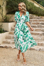 Bohemian V Neck Elastic Waisted Band Midi Dress | Mixtshop LLC