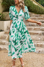 Bohemian V Neck Elastic Waisted Band Midi Dress | Mixtshop LLC