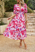 Bohemian V Neck Elastic Waisted Band Midi Dress | Mixtshop LLC
